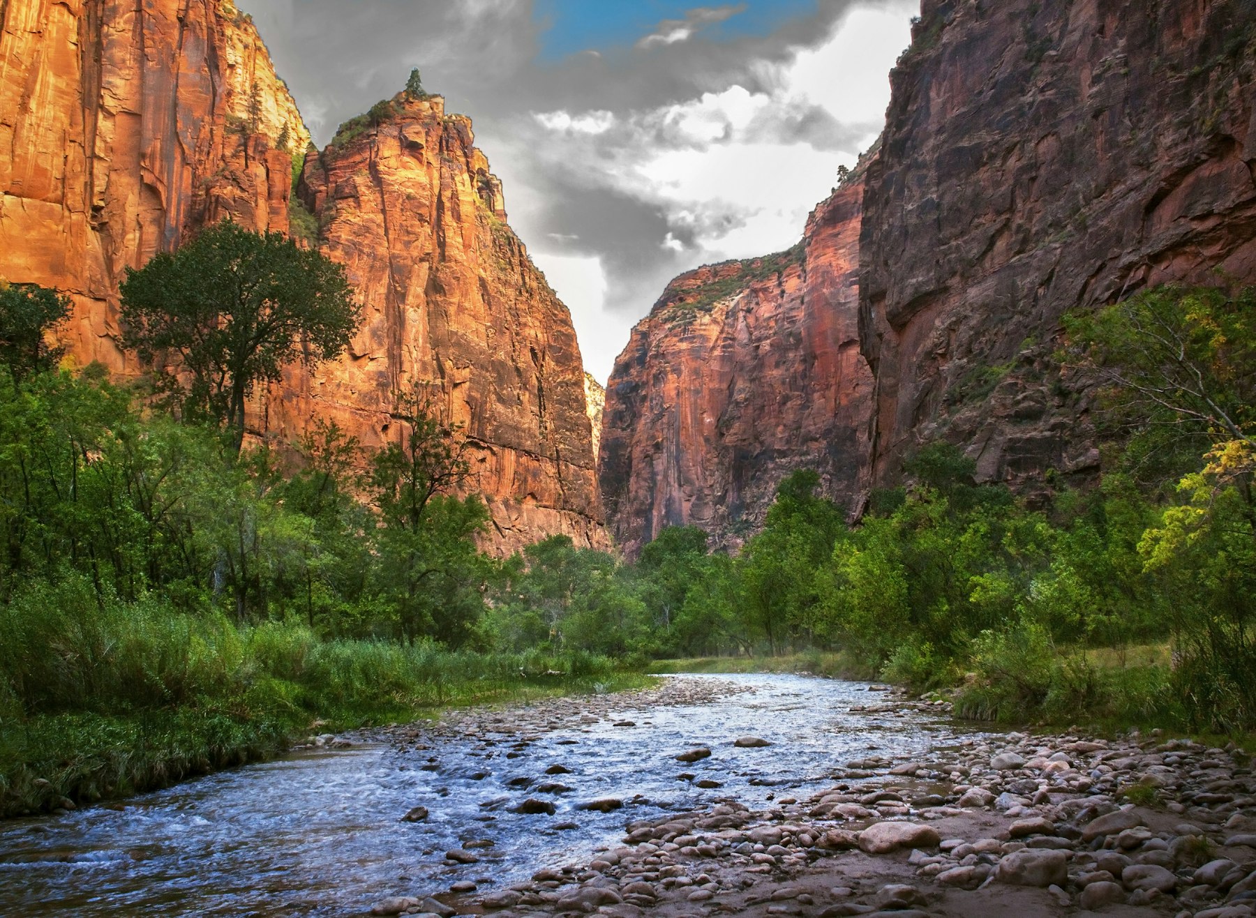 The Virgin River running past red cliffs and green cottonwoods on the floor of Zion Canyon