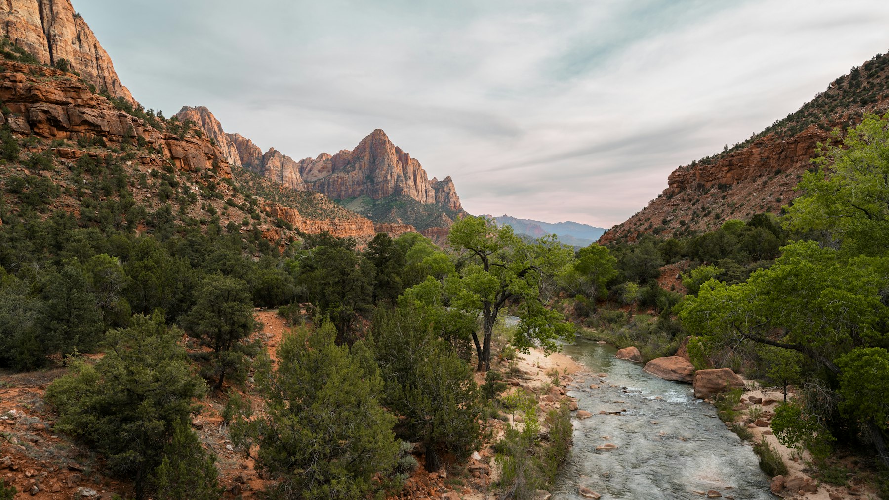 The Watchman peak above the Virgin River at the south end of Zion Canyon