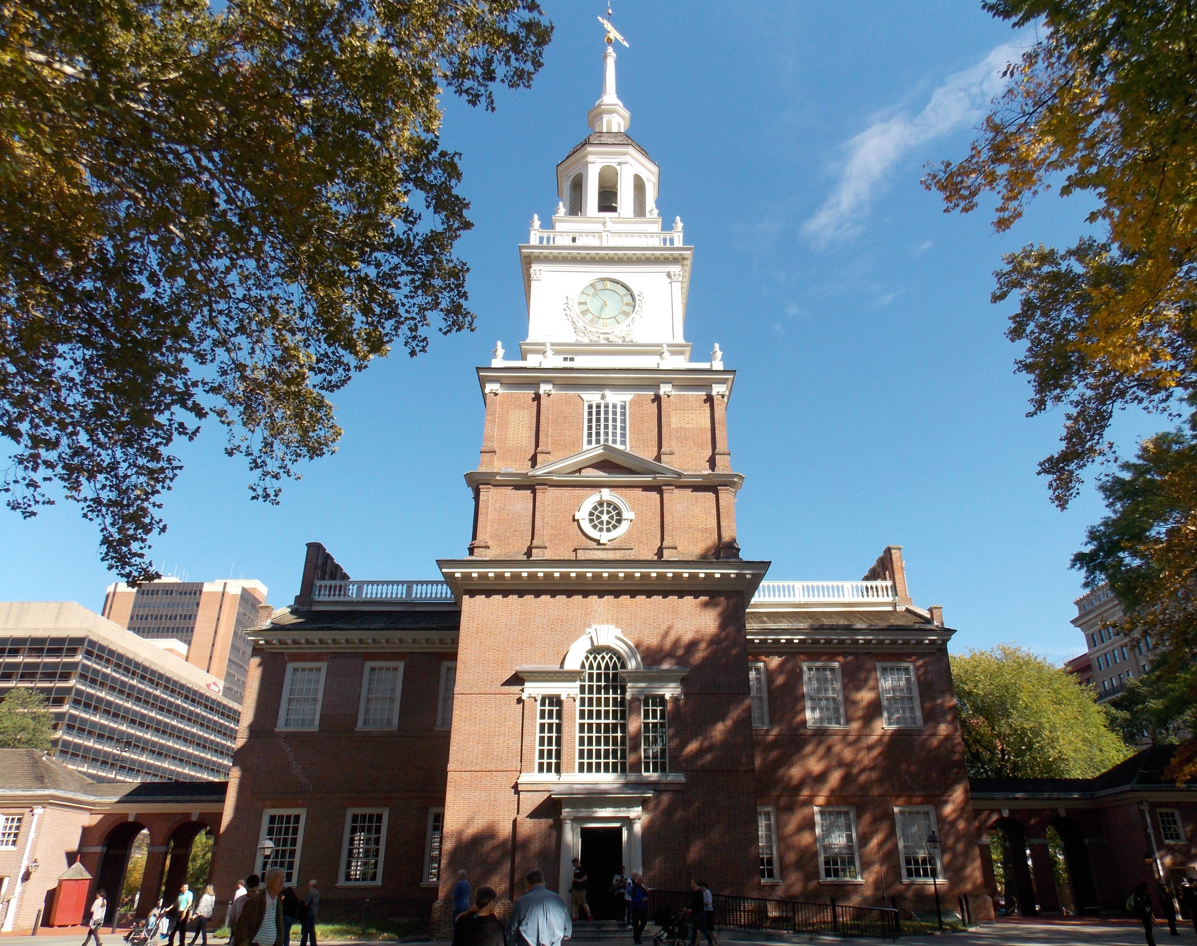 Independence Hall in Philadelphia, the brick building where the Declaration of Independence and Constitution were signed