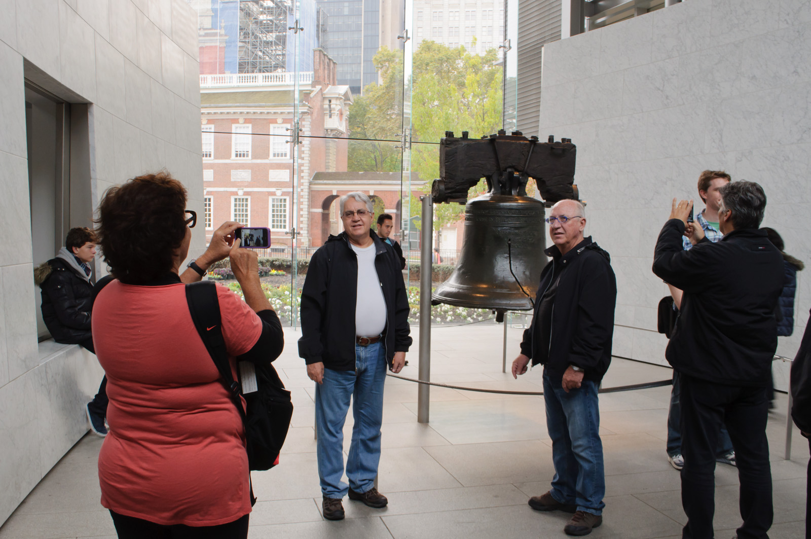 Close view of the Liberty Bell showing its famous crack